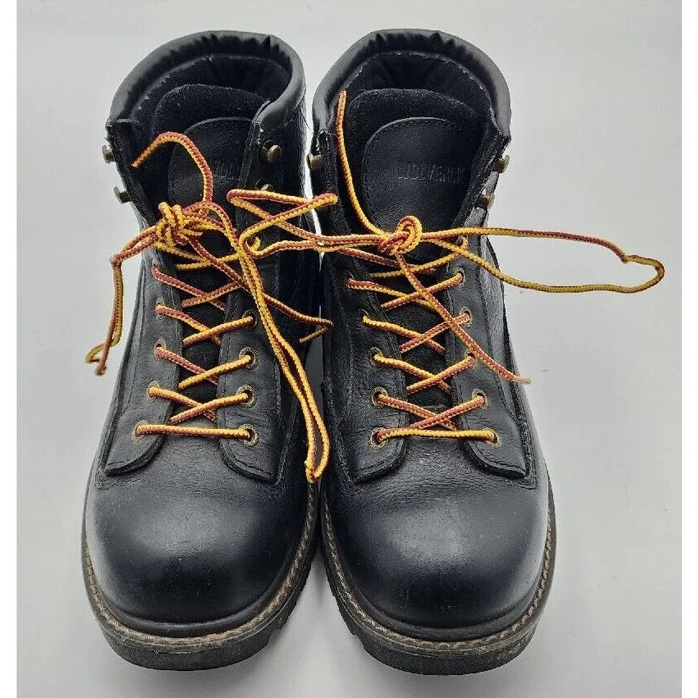 Wolverine Black Leather Work Boots with Orange Laces